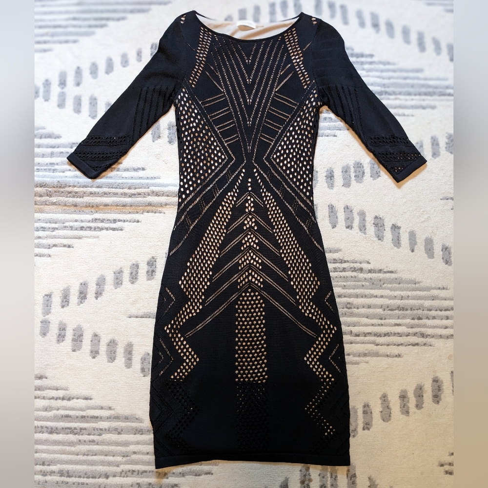Calvin Klein Black & Tan Laser Cut Bodycon Dress - Size Medium